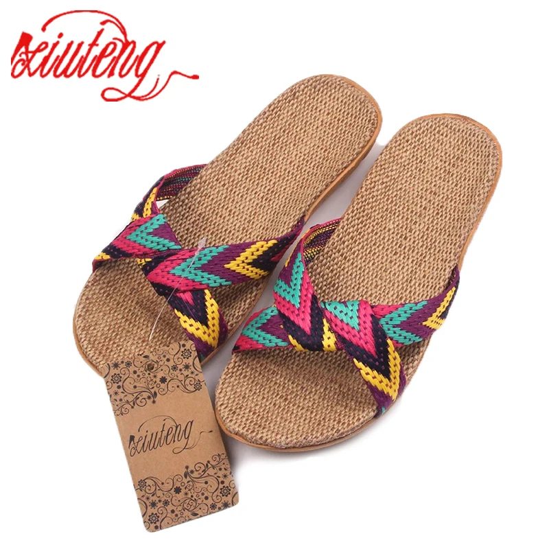 

2019 Fashion Flax Home Slippers Indoor Floor Shoes Cross Belt Silent Sweat Slippers For Summer Women Sandals