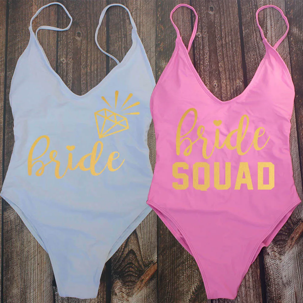 

Padded One Piece Swimsuit Sexy BRIDE SQUAD Letter Print Swimwear Women Bikini Bathing Suit Summer Bodysuit Backless Monokini
