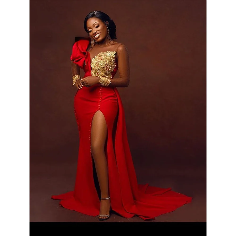 

Женское вечернее платье с юбкой-годе, красное платье с золотистой аппликацией и разрезом, с длинным рукавом