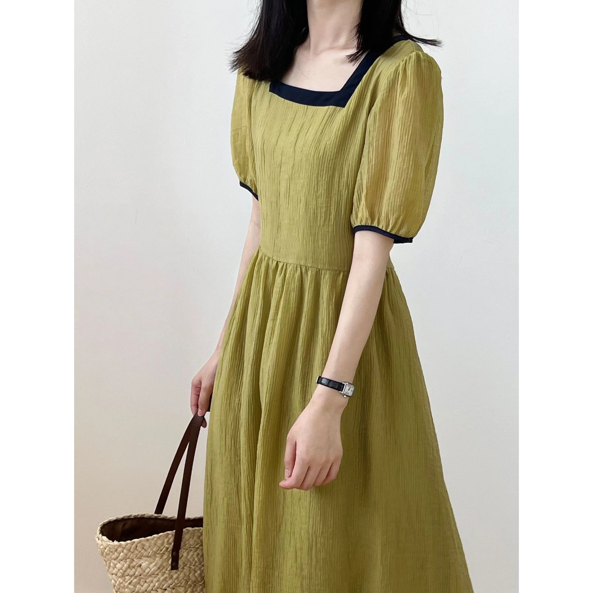 

Color Blocking Square Neck Waist Lace Up Long Dress Green Summer Short Sleeve Korean Style Women Maxi Dress