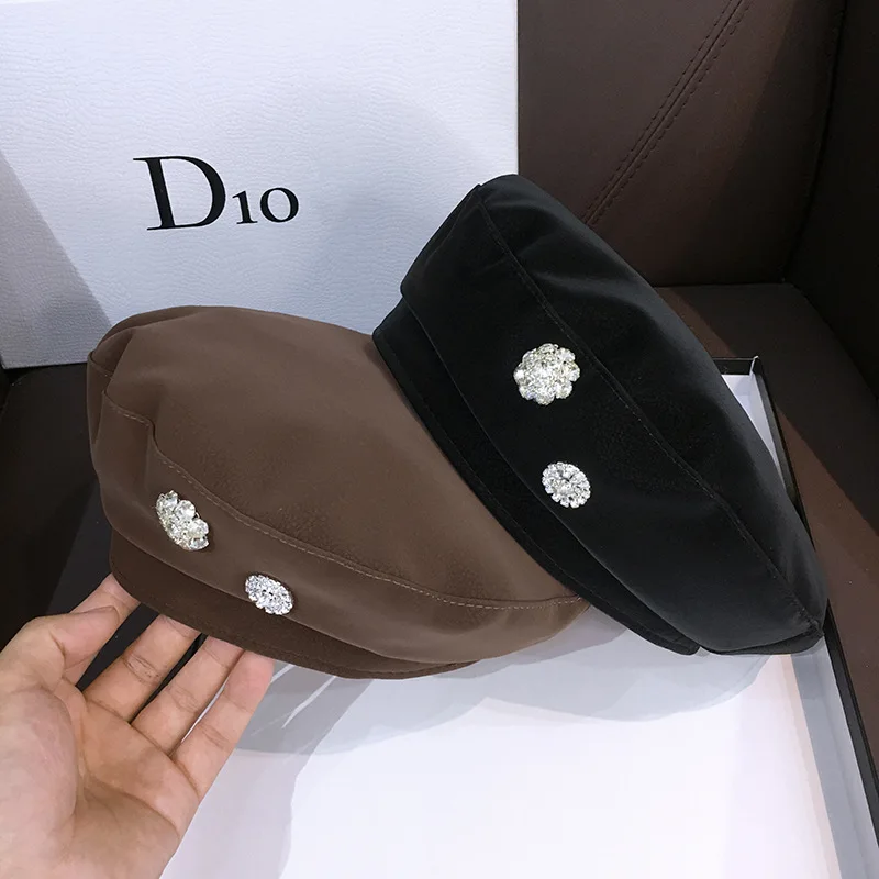 

New PU Leather Beret For Women Pure Color French Artist Design Rhinestone Hat Girl Fashion Retro Painter Ladies Hat Gorros