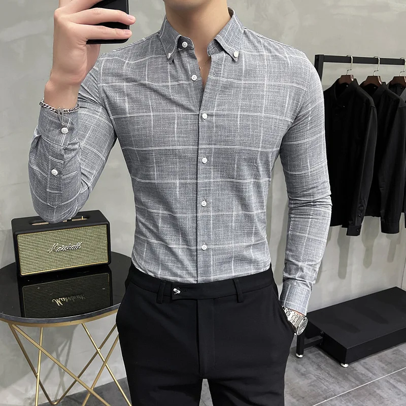 Plaid Slim Shirt Men's Light Business Korean Version Free Ironing High-end Long Sleeve Cotton Cardigan Point Collar Casual Shirt