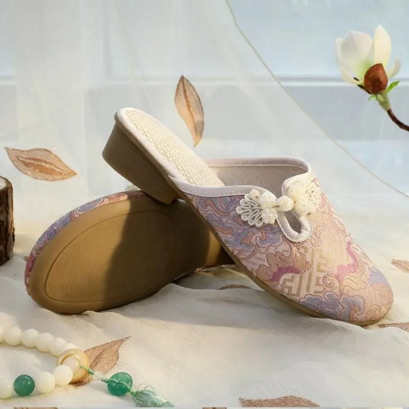 Женские парусиновые сабо с вышивкой винтажные шлепанцы на среднем каблуке