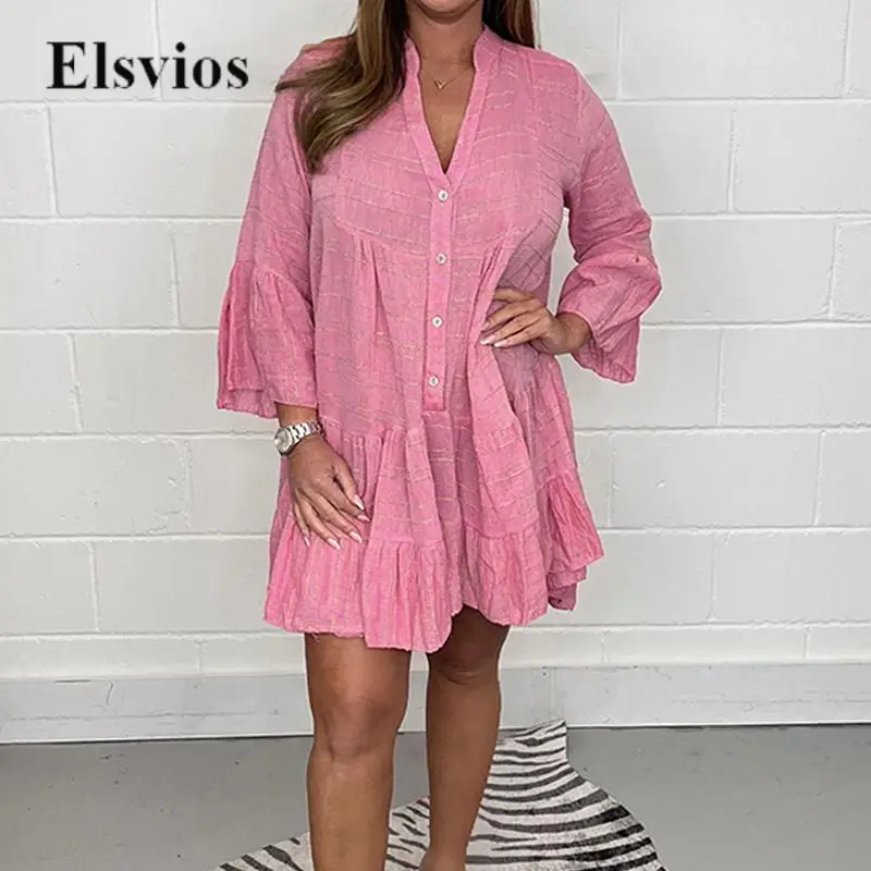 

Elegant Loose Flare Sleeve A-Line Dress Casual V Neck Buttoned Beach Mini Dress Fashion Solid Women Pleate Party Dress Vestidos