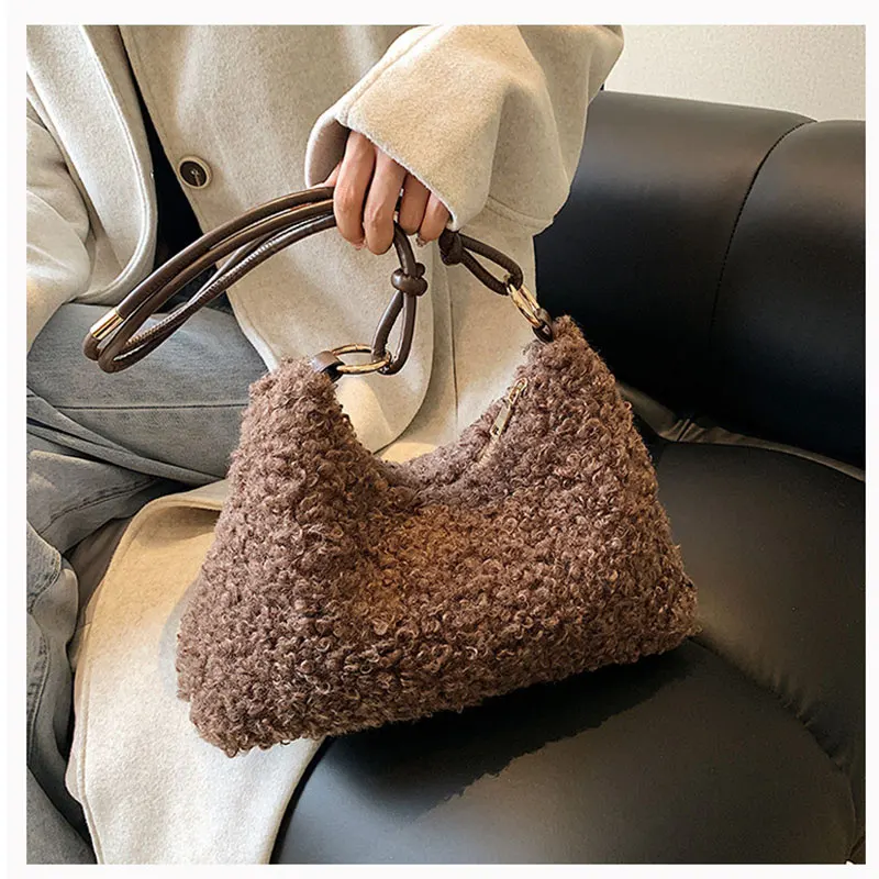 Casual Lambswool Shoulder Bag for Women Winter Soft Plush Shopper Bag Luxury Big Capacity Crossbody Bag Female Tote Handbag