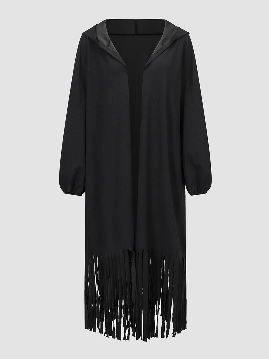 

Finjani Lantern Sleeve Fringe Hem Cardigan Solid Long Sleeve Thermal Hooded Jacket Women Plus Size Coat