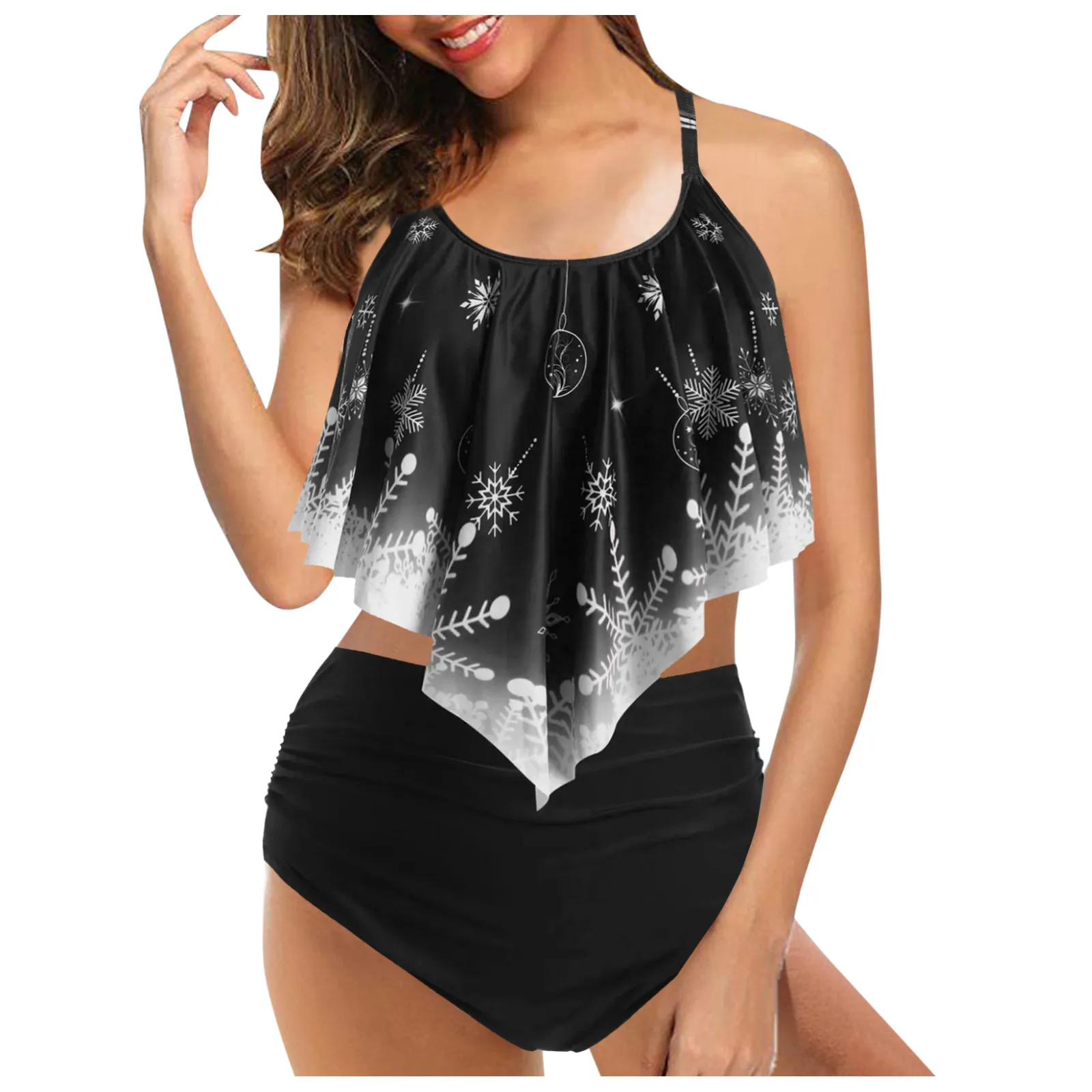 

Two Waist Retro Piece Print Bikini Swimsuit Women Halter Overlay Snowflake Swimsuit Print Set High Swimwears Swimsuit bikini