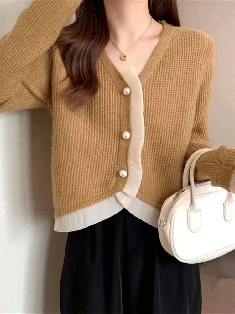 

Женский трикотажный пуловер SVOKOR, вязаный свитер в Корейском стиле с кромками и деревянными ушками, эластичный джемпер с длинным рукавом