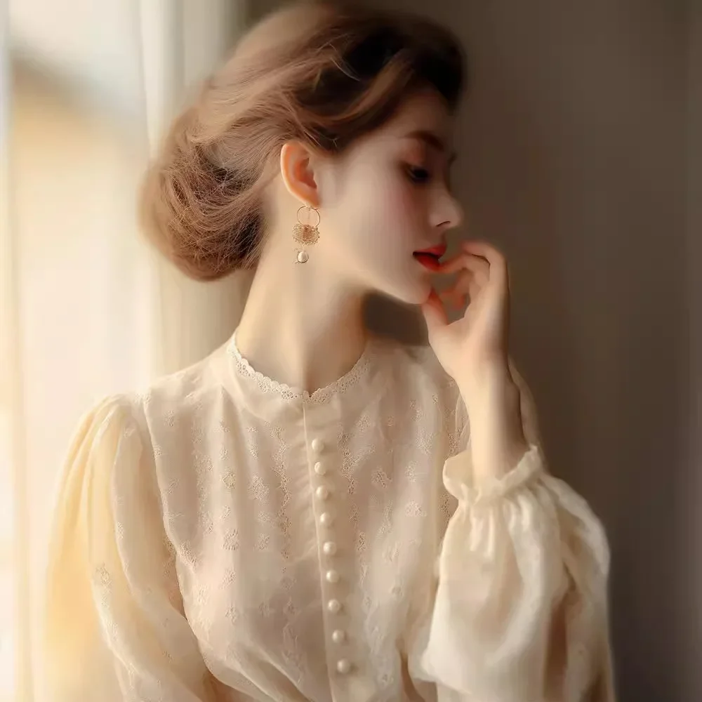 Новинка Весна 2024 Топ во французском стиле с длинным рукавом женская одежда