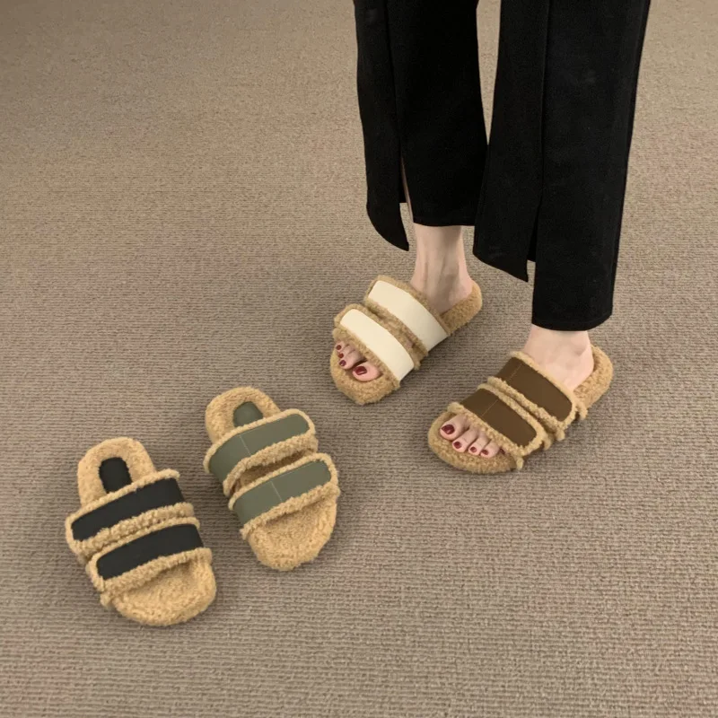

Female Shoes Slippers Casual Platform Fur Flip Flops Slides Low Winter Footwear 2022 Luxury Plush Hoof Heels Fashion Basic Rome