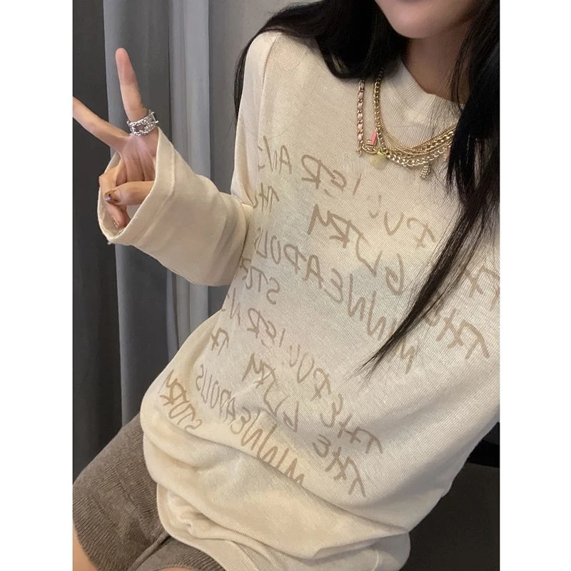 

Korean Summer Long Sleeve O-Neck Tees Letter High Street Fashion Loose Tshirts Women O Neck Sunscreen Camisetas Sheer Y2k