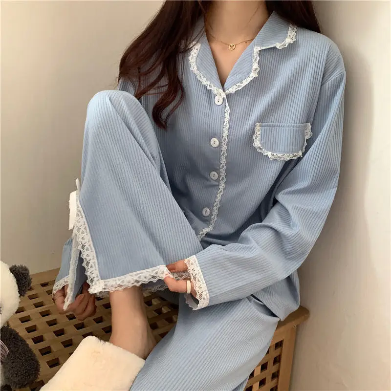 Pajama Sets Women Lace Ins Unisex Sleepwear Korean Feminino Nightwear Lounge Basic Cozy Casual Fit Lovely Girls Simple Maiden