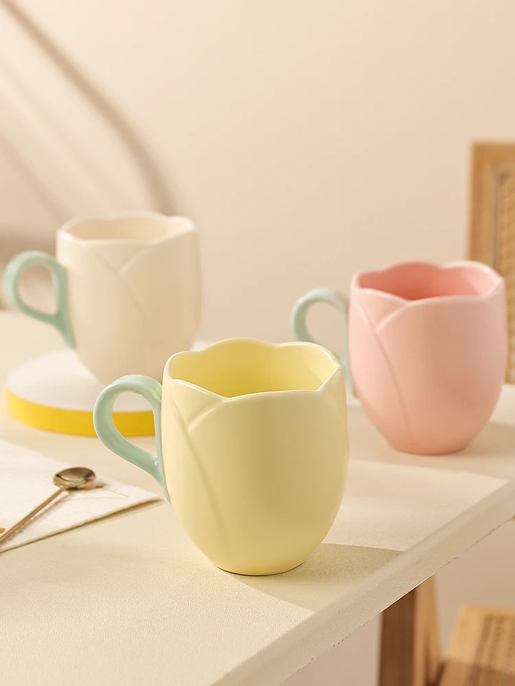 

Tulip Ceramic Coffee Mug 350ml Milk Cup Fashion Office Teacup Pink Yellow Drinking Utensil Holiday Gift