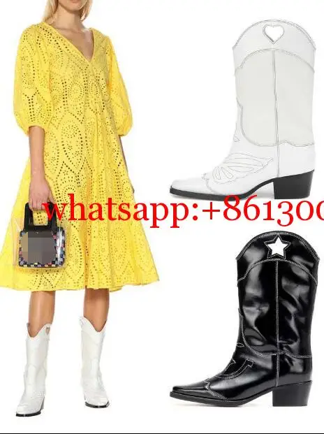 

Woman Square Head Chunky Heel Mid Boots Cow Leather Embroidery Woman Ankle Boots Black White Custom Make Large Size 43