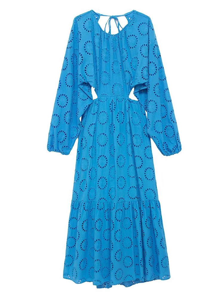 

TFMLN Summer Women Embroidery Dresses 2022 Hollow Out Bandage Soft Elegant Party Dress Long Sleeve Backless Female A-line Outfit