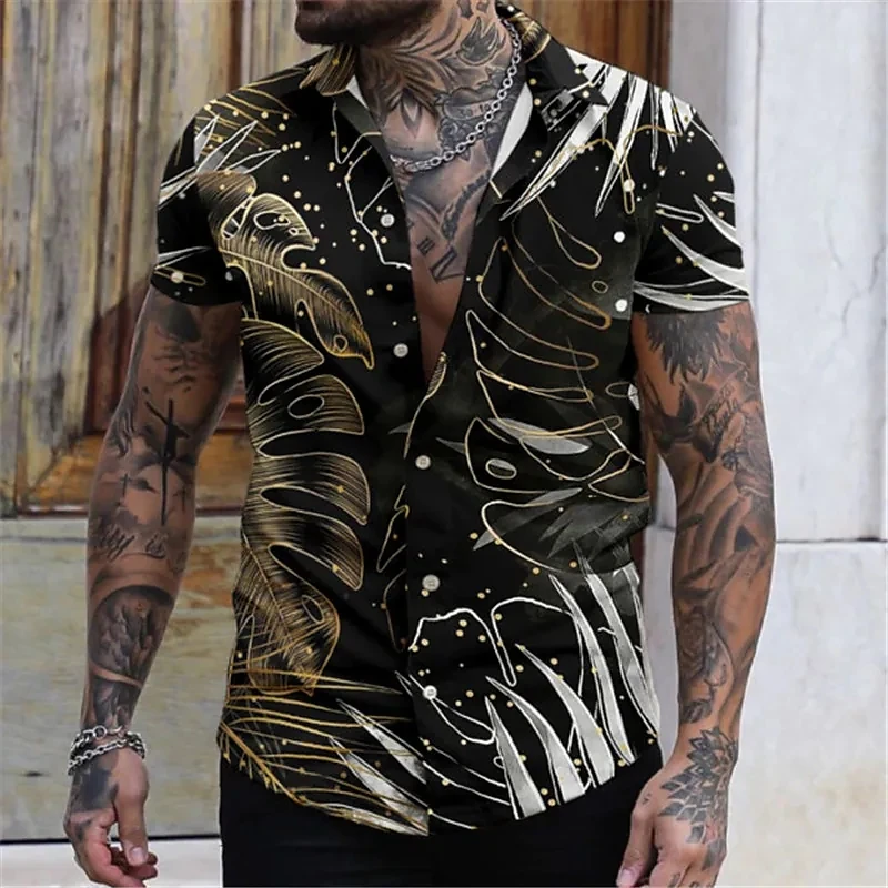 

Men's Shirt Graphic Shirt Floral Leaves Turndown White Black 3D Print Outdoor Street Short Sleeves Button-Down Print Clothing