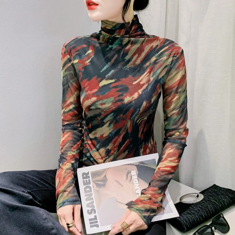 #8867 демисезонная Футболка с воротником хомут Женская сетчатая облегающая