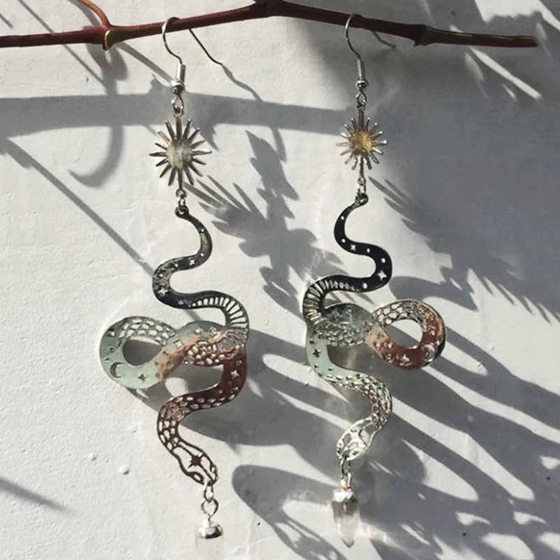 

New Sun Moon Star Pattern Snake Hanging Earrings for Women Vintage Goth Animal Dangle Earrings FashionJewelry Wholesale