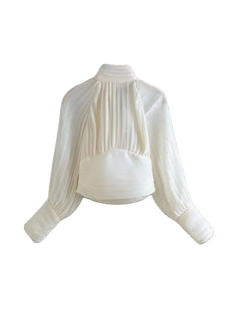 

Женская плиссированная блузка с бантом, винтажные пуловеры с воротником-стойкой и длинным рукавом, шикарные топы, Новинка осени 2022