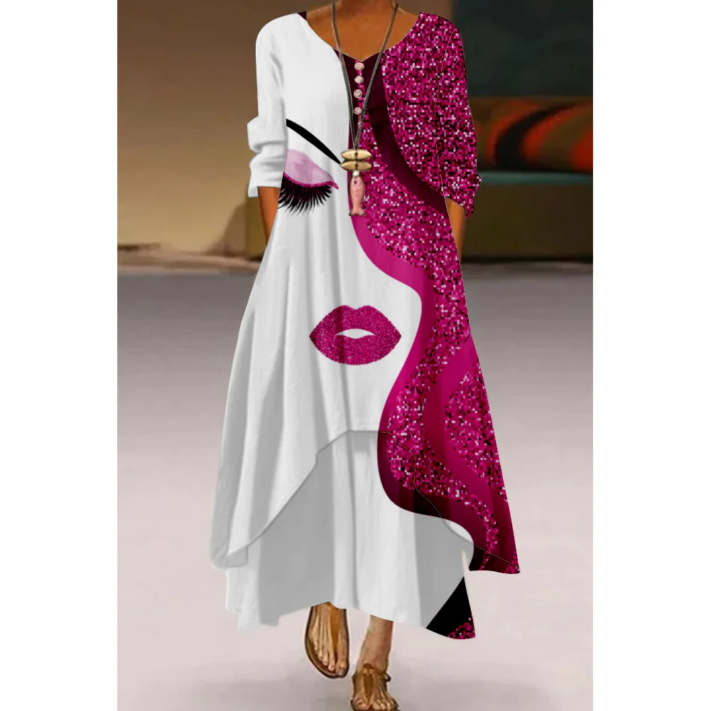 

2022 Spring Women's Long Skirt Long Sleeves Colorful Print Ankle Length Elegant Dress Daily Classical Fashion Pretty Lovely Robe