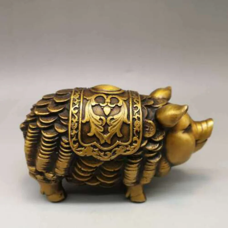

VINTAGE BRONZE HANDCARVED PIG STATUE WEALTH MONEY COIN ~WISH U WEALTH