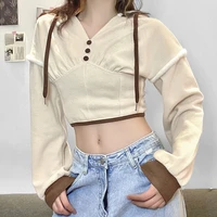 womens all match pullover warm clothes pure color knitted pullover hoodie patchwork button long sleeve waist short hoodie