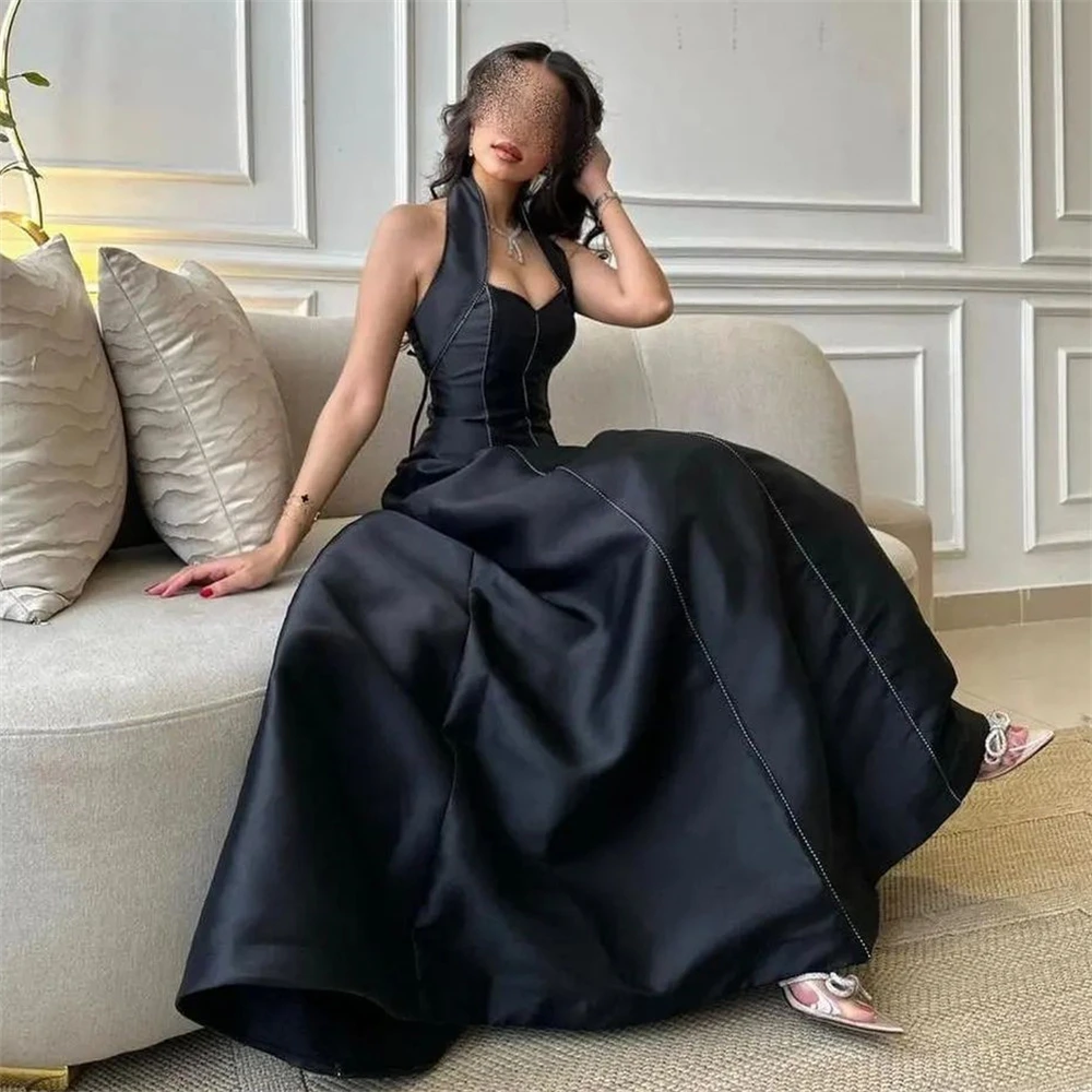 

Fashion Halter Black A-Line Beading Satin Formal Occasion Prom Dresses Ankle-Length Women Evening Party Dress فساتين السهرة