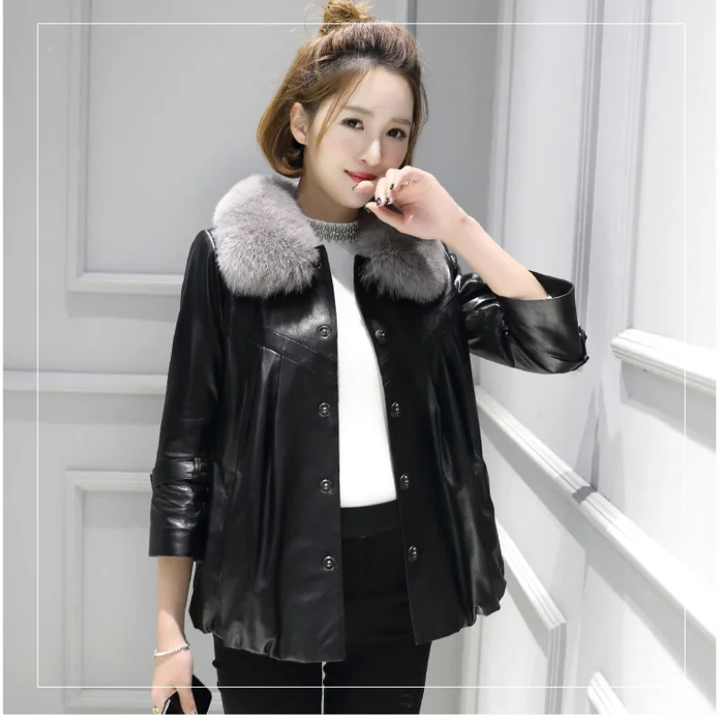 

2023 Real Sheepskin Coat Women Real Fox Fur Collar Coats Women's Genuine Leather Jackets Winter Clothes Manteau Femme SQQ03