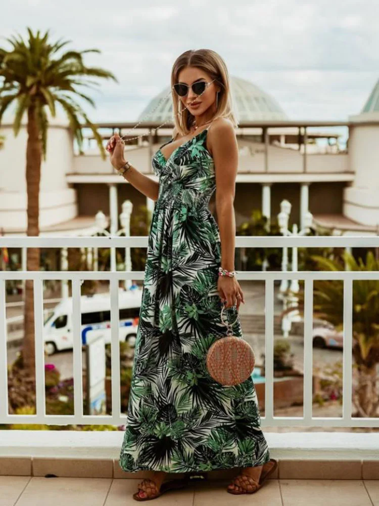 

Женское богемное платье без рукавов, элегантное праздничное платье на бретелях-спагетти с V-образным вырезом и высокой талией, лето 2022