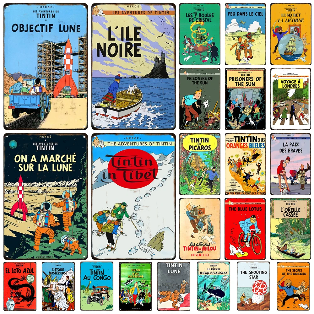 

French Cartoon Tintin Pop Art Rocket Adventure Metal Tin Iron Advertising Plaque Men Cave Bedroom Bar Cafe Home Decoration Gifts