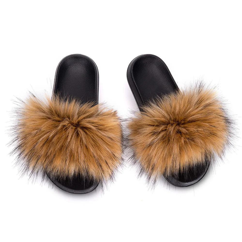 Faux Fur Slippers for Women Flip Flops Fur Slides Cozy Slip On Slippers House Flats Fuzzy Sandals Soft Flurry Slides for Women