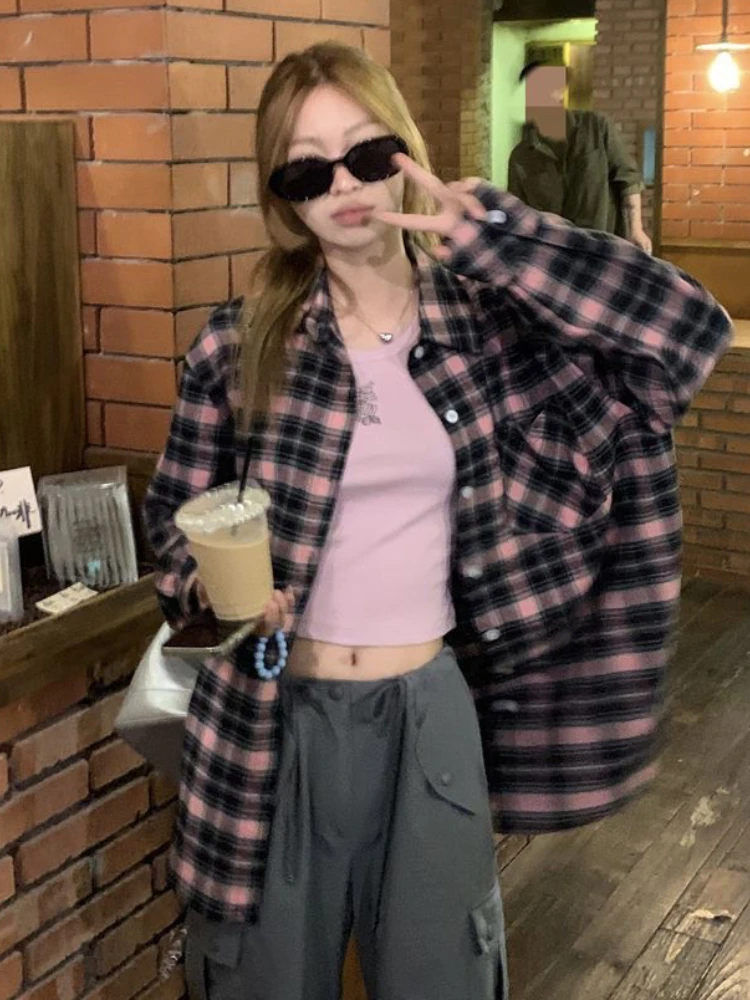 Американские клетчатые рубашки женские в стиле ретро High Street свободного кроя Y2k