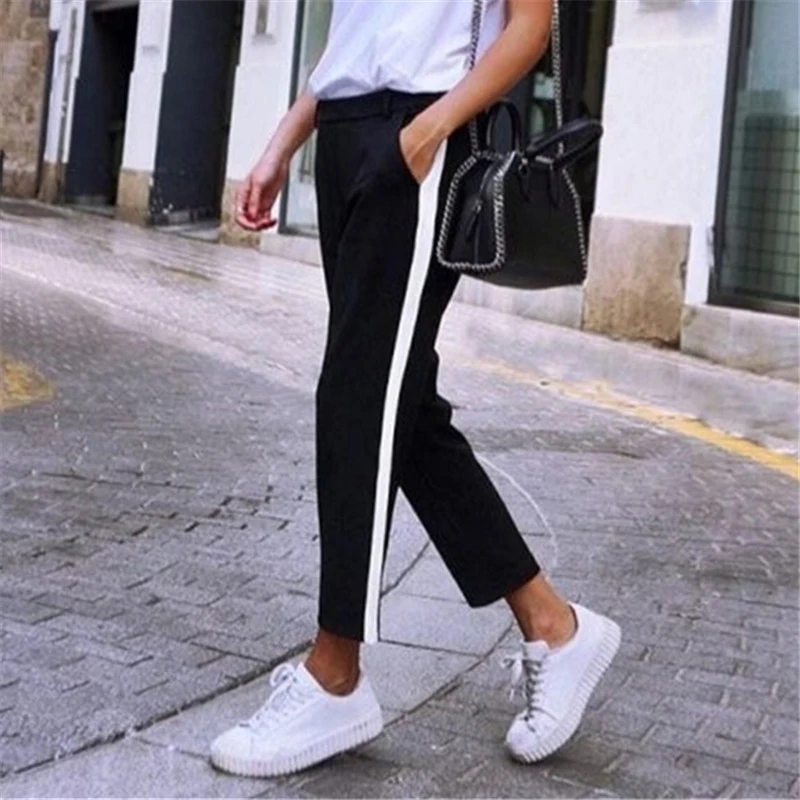 S-5XL Spring Summer New Women's Fashion Sports Elastic Waist Stretch Casual Trousers Drawsting Striped Sweatpants Women Pants