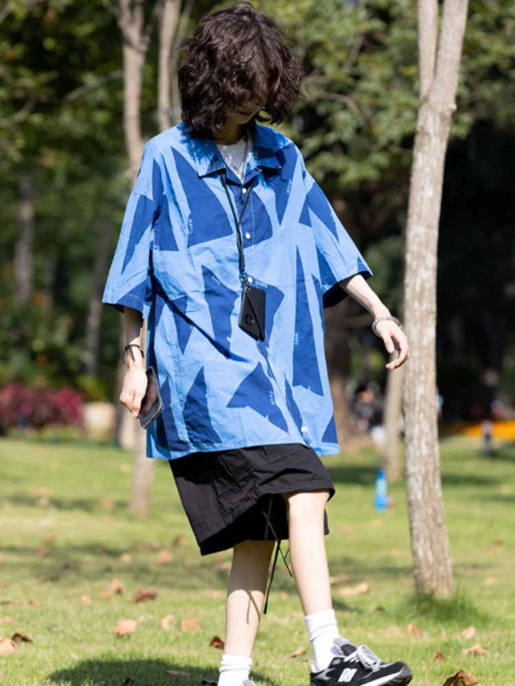 

Summer Retro Short-sleeved Shirts Men Women's Loose Hong Kong Fashion Print Contrast Color Street Diamond Graphics Beach Shirt