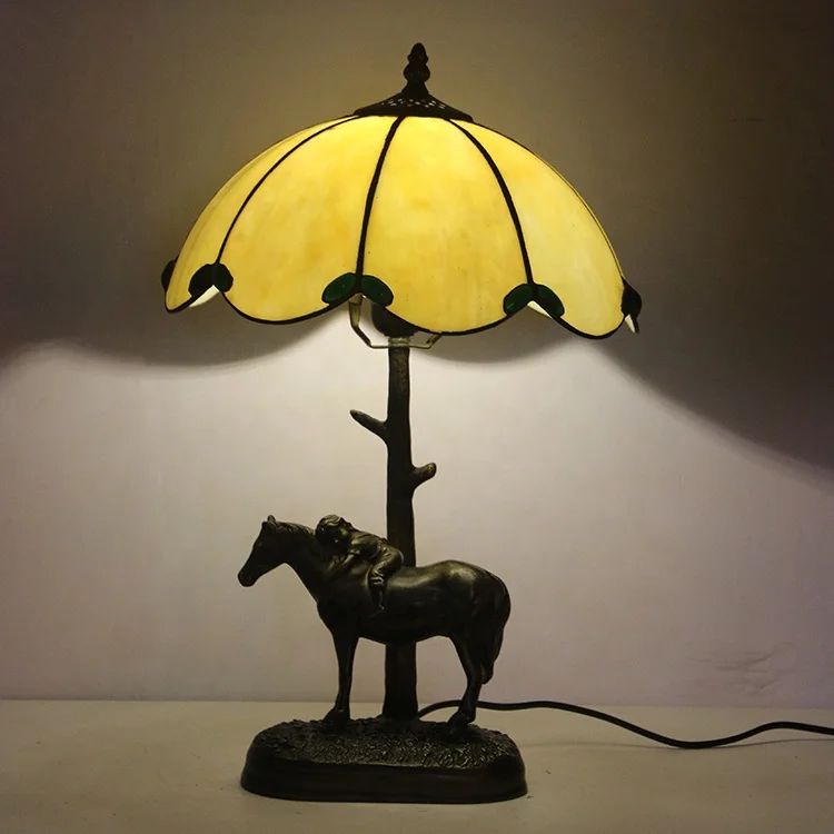 

LongHuiJing Tiffany Table Lamps Golden Stained glass lampshade Standing Lamp With Resin Horse Carrying Kid Base