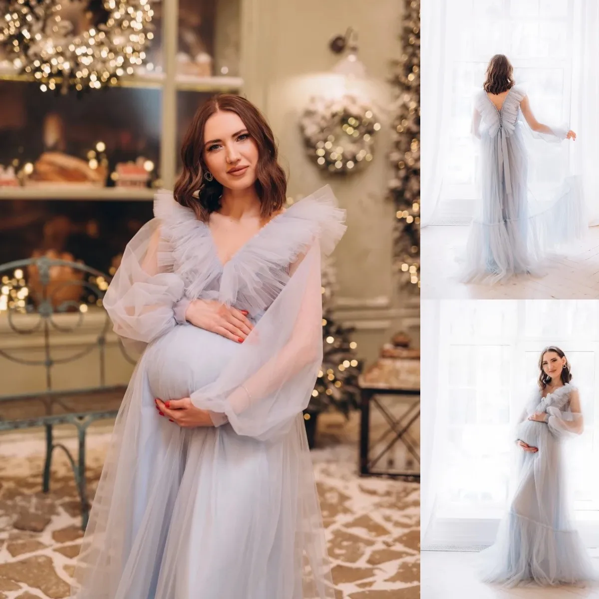 

Нежные трапециевидные платья для беременных для фотосъемки с V-образным вырезом и рюшами Индивидуальные женские халаты длинные тюлевые платья для беременных