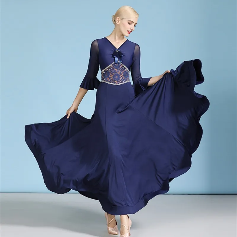 

Navy Blue High Quality Women Ladies Long Latin Ballroom Dance Practice Dress