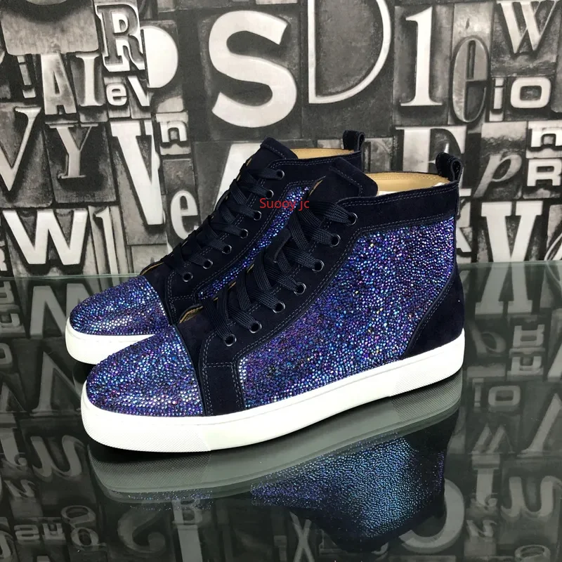 

Luxury Full Diamond Men's Shoes Leather Rhinestone Red Bottom Shoes Couple Models Rivet High-top Sneakers Trend
