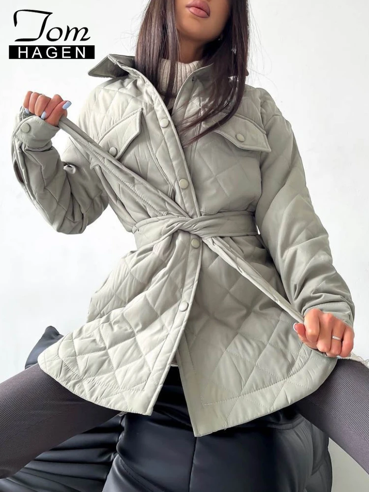 Women's Winter Jacket Oversized Blue Parka Outwear Long Warm Loose Casual Coat Vintage Quilted Jacket for Women with Belt 2022