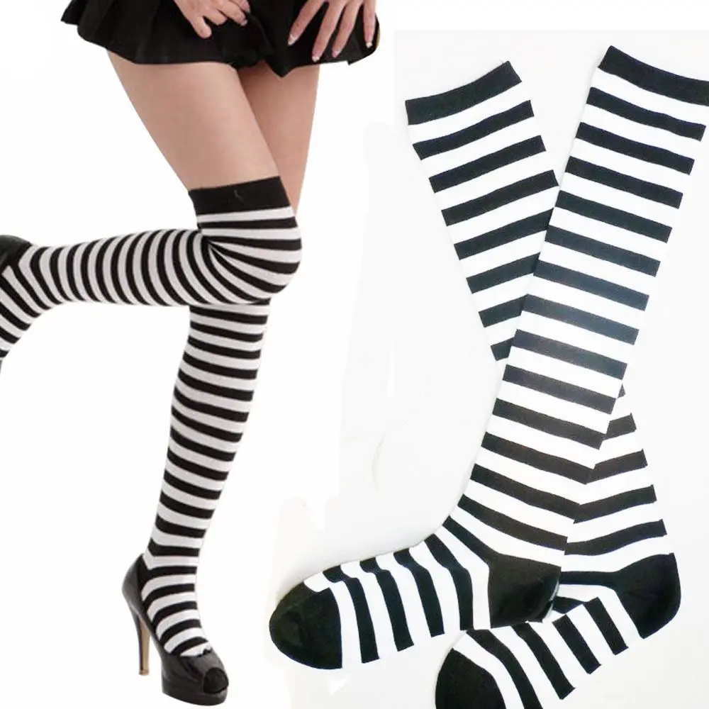 

1 пара, Лидер продаж, модные новые теплые хлопковые черные белые полосатые осенне-зимние чулки, длинные носки выше колена, носки до бедра
