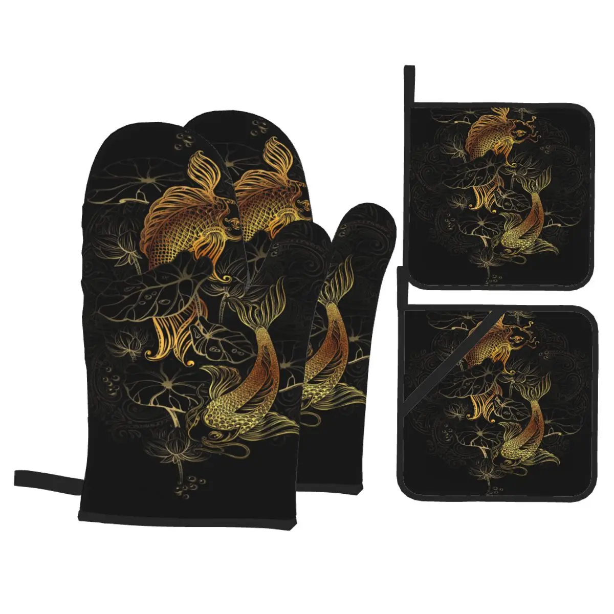 

4pcs Kitchen Gloves Insulation Pad Cooking Microwave Gloves Gold Koi Carps And Lotus Baking BBQ Oven Potholder Pad Oven Mitts