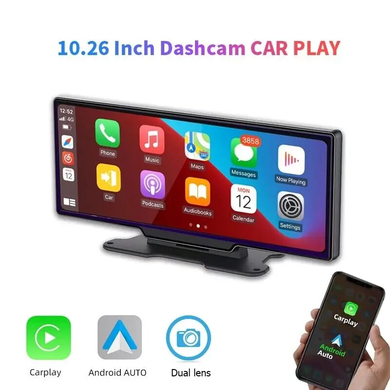 

10.26" Dash Cam Rearview Camera Wifi Carplay & Android Auto 4K DVR GPS Navigation Video Recorder Dashboard Dual Len 24H Park AUX