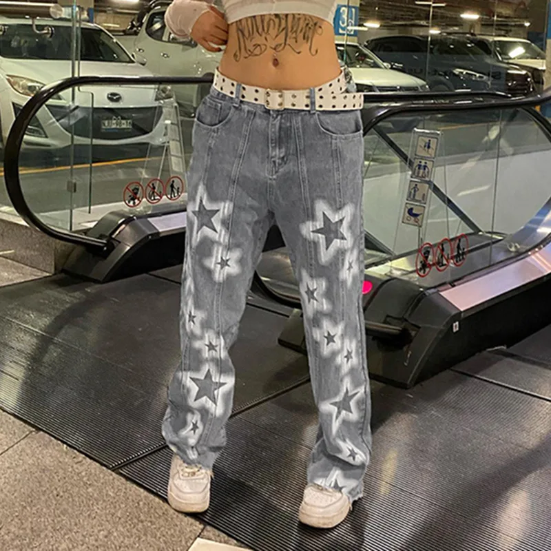 

Women's 2022 Fall New Street Personality Star Print Contrast Color Straight Low Waist Hot Girl Feng Shui Washed Denim Trousers