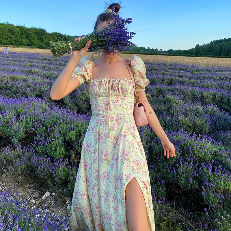 Women’s Summer Puff Short Sleeve Dress Floral Lace-up Square Collar Off-Shoulder Splitting Long Dress 