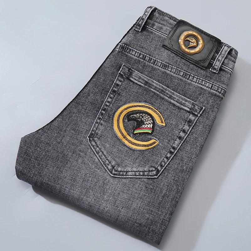 

European Brand Spring and Summer New Jeans Men's Elastic Slim Small Feet Gray Youth Mid-waist Fashion Men's Jeans