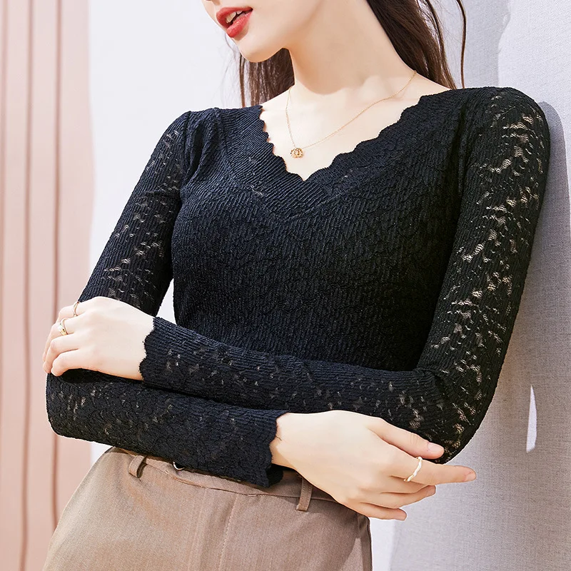 

Sexy V-neck Lace Top Winter Office Lady Elegant Shirts Woman Long Sleeve Basic T Shirt Korean Black Slim Tshirt Women Large Size