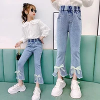 2022 for girls fashion bow girls jeans pants autumn casual girls clothes spring kids jeans girl solid jeans 4 6 8 10 12 year