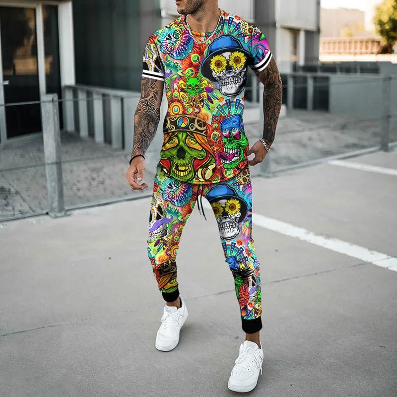 Summer Men Tracksuit jogging Skull Head Pattern 3d Printed T-shirt Men's Streetwear Sports Short Sleeve Shirt+pants 2 Pcs Sets