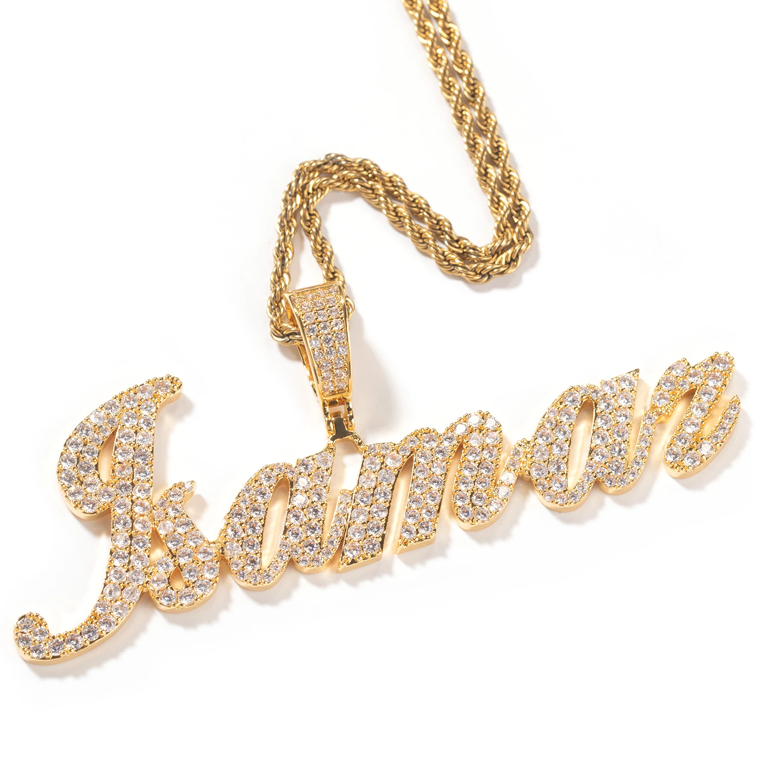 Фото UWIN пользовательская кисть шрифт имя ожерелья Iced Out кубический цирконий выложенная оправа персонализированная подвеска с буквами модные украшения для подарка №4