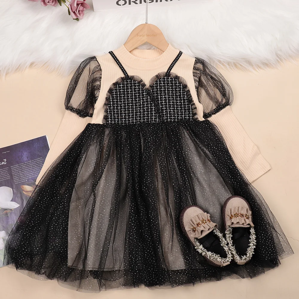 

Toddler Girls Dress Spring Autumn New Kids Cotton Long Sleeve Knitted Patchwork Mesh Dress Birthday Party Princess Dress Vestido